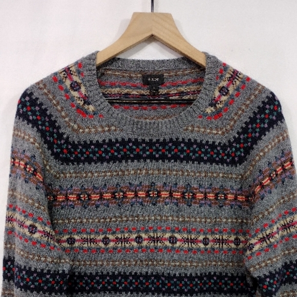 J. Crew 100% Lambswool Patterned Sweater Men's L Gray Boho Retro 90s Y2K Casual - Picture 2 of 8